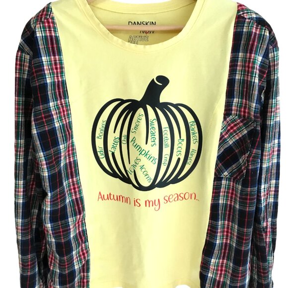 Flannel Tee Upcycle, Autumn Pumpkin Graphic, Size S-M: Oversized Long-Sleeved - Picture 6 of 12